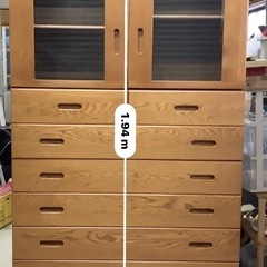 木製 7段 チェスト キャビネット ガラス扉付き 大型収納 茶色 タンスの画像