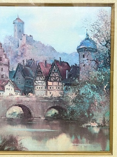 ●Carl Schirm (カール・シルム) 複製画「 Alte Heidebrücke (古い橋 )」　バロック風フレーム入り絵画 