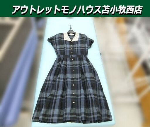 バーバリーズ Burberrys シャツワンピース 半袖 チェック柄 ブルー系 レース襟 レディース 総柄 苫小牧西店