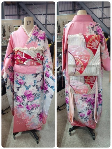 ● A5)豪華絢爛 正絹 振袖 ピンク系 牡丹 柄 爛漫/帯 /帯揚げ /帯締め×2/重ね衿/襦袢 成人式 結婚式 7点セット 中古 