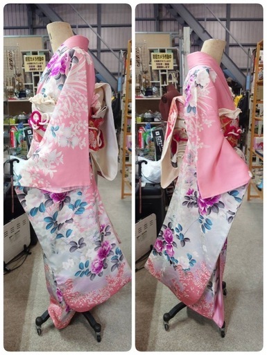 逸品 振袖8点フルセット 金駒刺繍 花籠 牡丹 束ね熨斗 袋帯佐賀錦 成人 ● A5)豪華絢爛 正絹 振袖 ピンク系 牡丹 柄 爛漫/帯 /帯揚げ /帯締め×2/重ね衿/襦袢 成人式 結婚式 7点セット 中古 