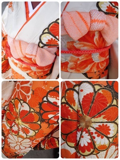 ● A7) 正絹 振袖 レトロポップ オレンジ 大柄 大輪 花柄 爛漫 金駒刺繍/帯 豪華 刺繍/帯揚げ/帯締め/重ね衿 成人式 結婚