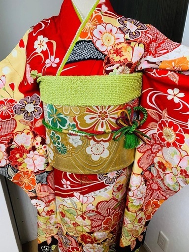 振袖 振袖6点フルセット袷 桜 松梅 金糸 金彩 赤 正絹　