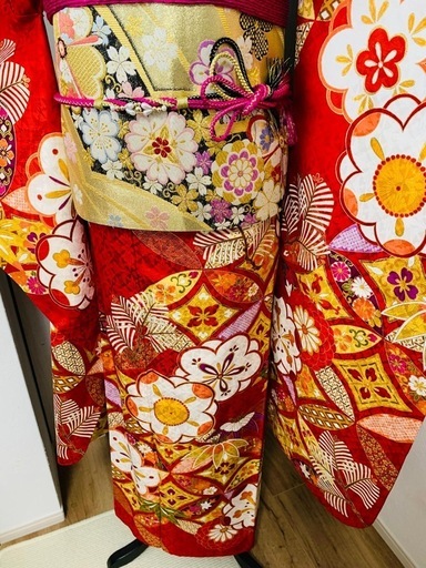 振袖 フルセット松竹梅 七宝文 金糸 金彩 赤 正絹 美品　