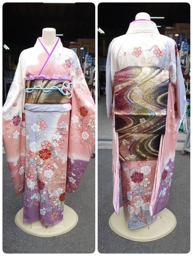 ● A9)豪華絢爛 正絹 キュート ピンク 振袖 縮緬 金駒刺繍 花柄 鹿の子  流水紋 /帯 /帯揚げ /帯締め/半衿/重ね衿/襦袢