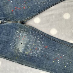 Modern Moves デニム W34 L32 ペイントスプラッシュ グリッド アート セルビッジ カリフォルニア ヴィンテージ ジーンズの画像