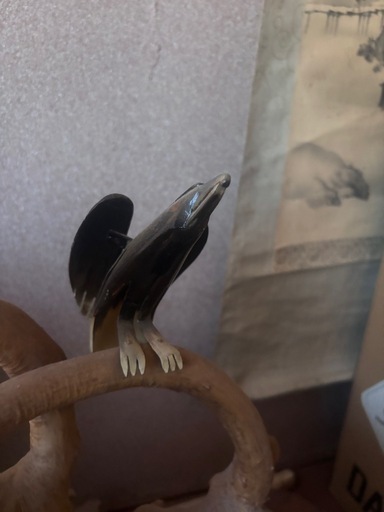 水牛角鳥彫刻×3、大型根木セット