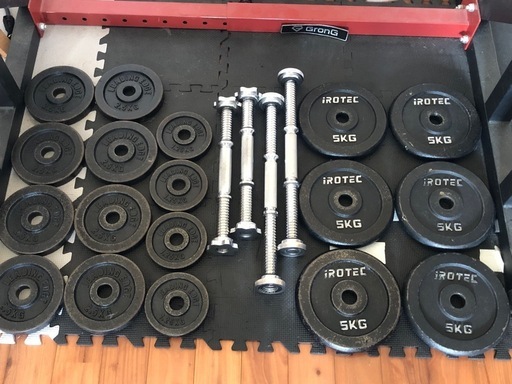ダンベルプレート、120cmバーベルwバー、バーベルスタンド、トレーニングベンチ
