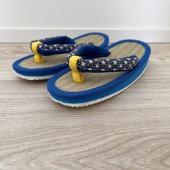 15cm　キッズ草履 わら底 青×黄ストラップの画像