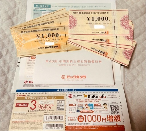 ビックカメラ コジマ 株主優待　16000円分 お買物優待券