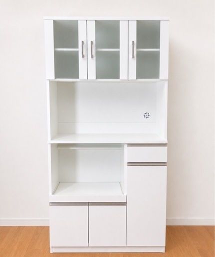 美品 ホワイト キッチンボード 食器棚 レンジボード 幅90cm 大容量収納  