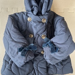 【美品】ベビーダウンパーカー 90cm 紺 ベロアリボン付き 女の子の画像
