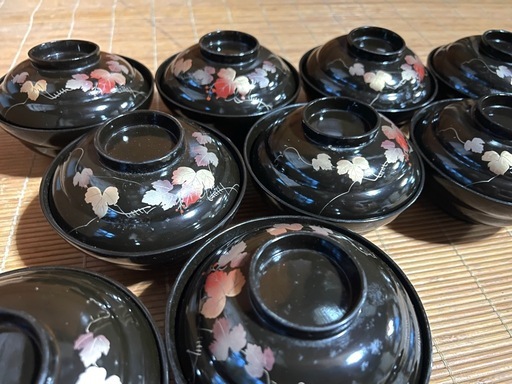 昭和レトロ 黒漆 蓋付き椀セット 蒔絵 和食器 木箱付き (さとう