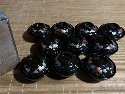 昭和レトロ 黒漆 蓋付き椀セット 蒔絵 和食器 木箱付き (さとう