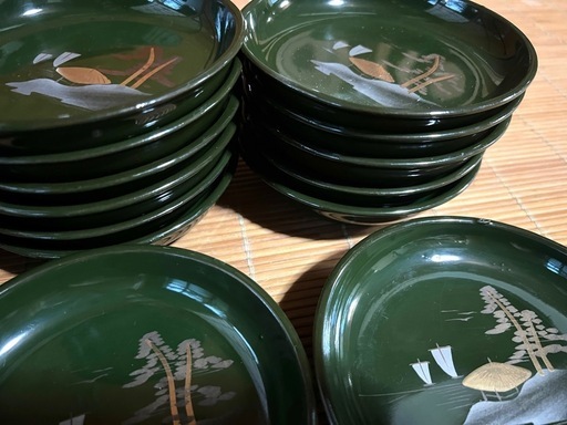 昭和レトロ 漆器 小皿 20枚セット 深緑 蒔絵 和食器