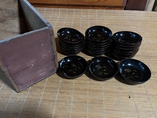 昭和レトロ 漆器 小鉢 小皿 20セット 木箱付 黒漆 蒔絵 (さとう