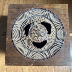 【煙草盆】木製 鉄蓋付き 引き出し付き 灰吹き（骨製）セット 昭和レトロ 骨董 喫煙道具 の画像