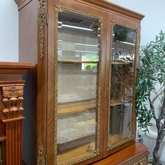 美原店 アンティーク ガラスキャビネット 木製 キュリオケース 鍵付き
