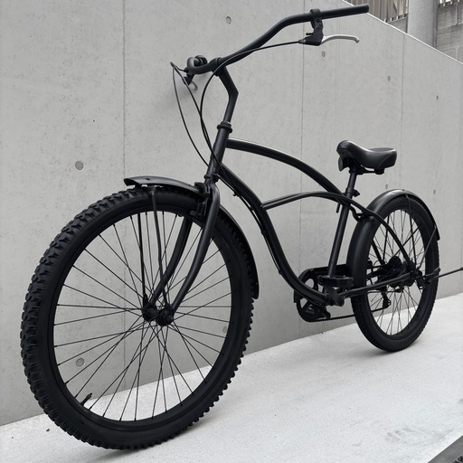 H22 【大阪堺市/取引】中古ビーチクルーザー 26インチ 9万で購入】ビーチクルーザー 黒 26インチ 極太タイヤ 名門シマノ社製6