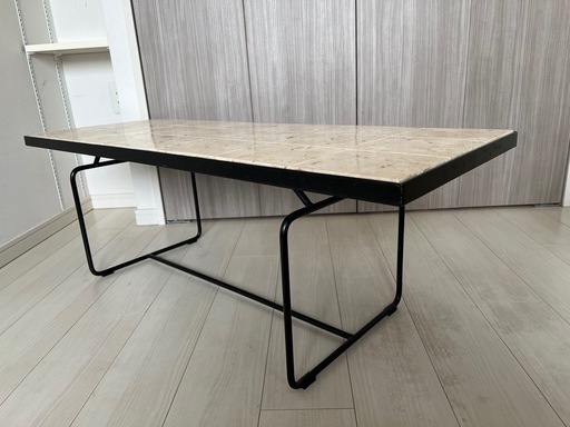 貝殻・化石模様風 石調ローテーブル コーヒーテーブル 約110cm 【公式 