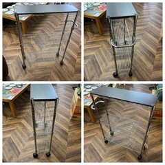 1335 メタルラック(天板:木製) ワゴンタイプ ※傷、汚れ、、使用感、少々錆ありの画像