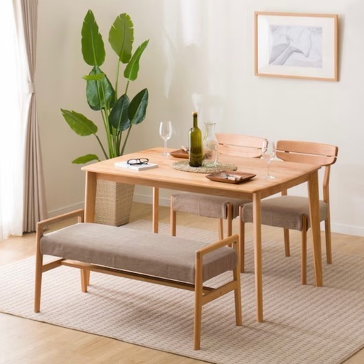 【超美品‼️】定価79,990円♪ 現行モデル ニトリ 120cm幅4人掛けダイニングテーブルセット アルナス 片側ベンチ 天然木ブラ