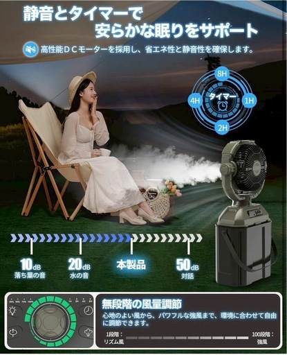 ミストファン キャンプ 扇風機 アウトドア 虫除け対応瞬間冷却　大容量 強力送風