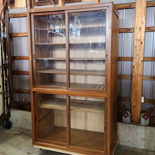 レトロなガラス戸収納棚 幅89.5cm 高さ151cm 食器棚 キャビネット 木製 古道具 古家具 ヴィンテージ 飾り棚 富山県