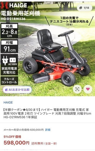ハイガー 電動乗用芝刈機 充電式 100V 刈幅91cm HG-D21RM536