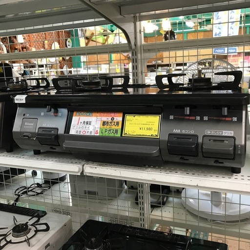 ジャングルジャングル貝塚店　ガステーブル　リンナイ　2019年製　LPガス用　片面グリル　2口　黒　ブラック　脚付き　中古　貝塚市　二