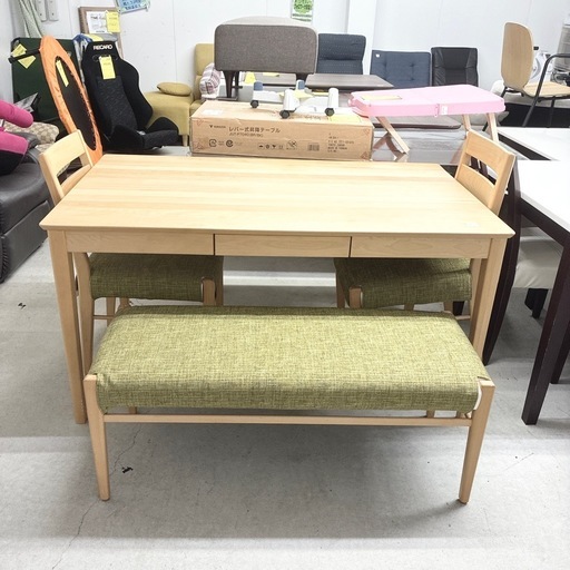 ダイニングセット ベンチ 家具の中古が安い！激安で譲ります・無料で 【ドリーム池田】◎ジモティ割7%◎一生紀「ベンチダイニングセット」チェア×2/ベンチ×1付き【57321】
