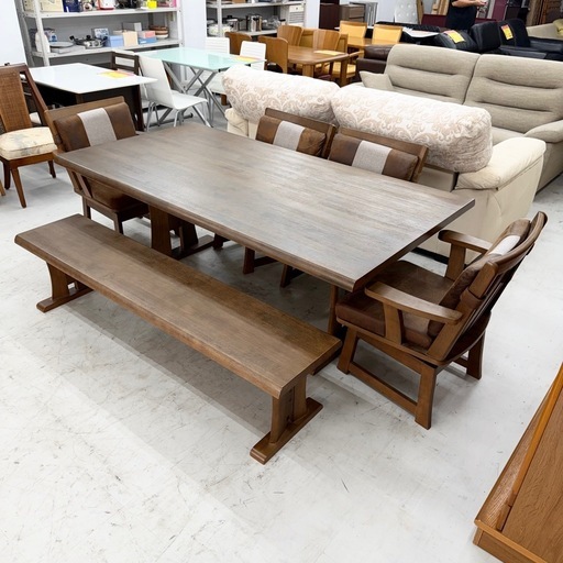 【超美品‼️】定価50万♪ 高級 上久商店 190cm幅8人掛けダイニングテーブルセット 片側ベンチ 回転椅子 ファブリックレザー生地