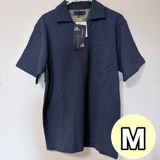 新品】和柄 襟裏パッチワーク ハーフジップ ポロシャツ 紺 涼感素材