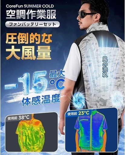 空調作業服 ファンバッテリーセット 超強力ファン搭載 3段階風量 大容量バッテリー UVカット 撥水 ファン付きベスト  Lサイズ