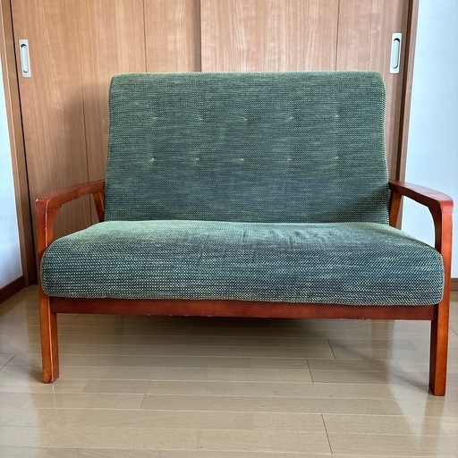 2人掛けベンチソファ　　　木肘布ソファ
