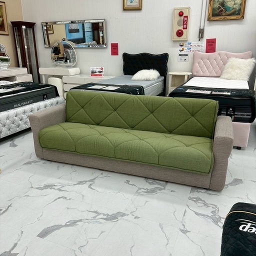 収納＆ベッドにもなる✨ソファベッドGreen中古 ソファ＋ベッドの2WAY仕様汚れに強いコーデュロイ生地張り fbj-6326