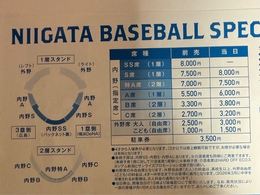 新潟ハードオフエコスタジアム　6月30日 横浜vs広島　バックネット1枚　定価8,000円 3列目　完売席 