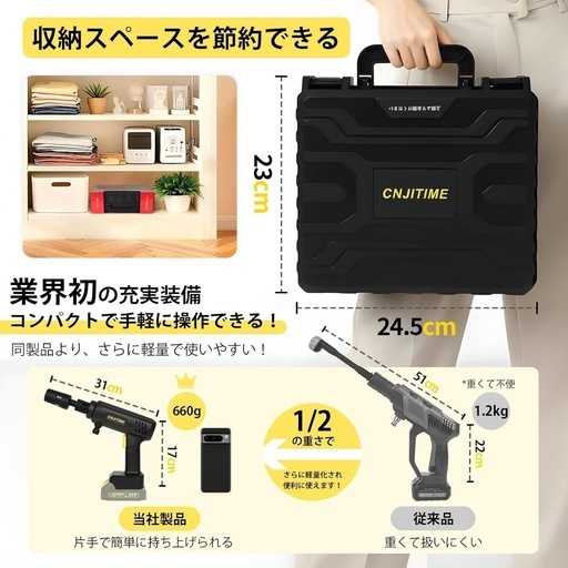 高圧洗浄機✨コードレス 2026新 9MPa 充電式 軽量660g 黒 (なお) 手原 