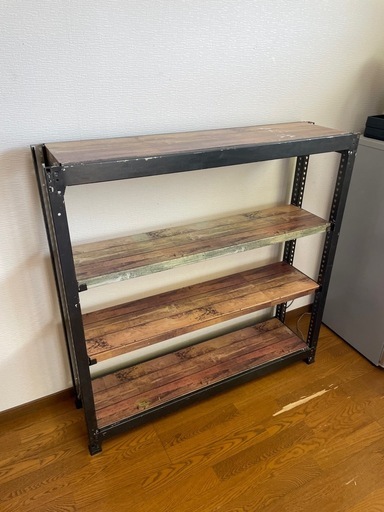 ヴィンテージ風 スチールラック 4段（幅120×高120×奥31cm）木目調棚板