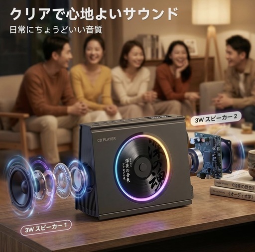 cdプレーヤー Bluetooth5.3送受信対応 充電可能 雰囲気ライト付き