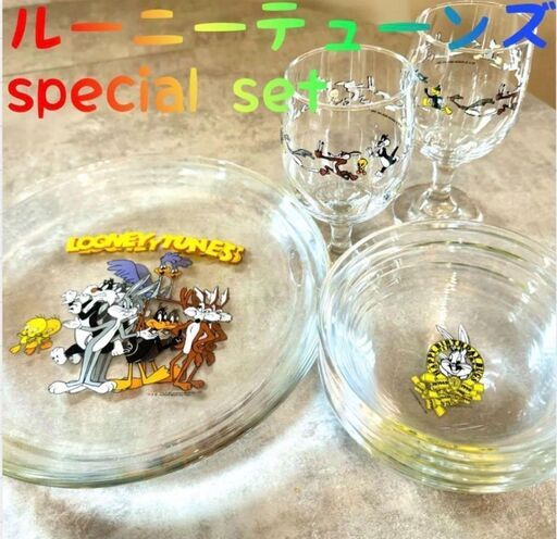 【希少90s】ルーニー・テューンズ ワイングラス2脚＋大皿2枚＋小皿4枚 8点セット 新品未使用 1990年製