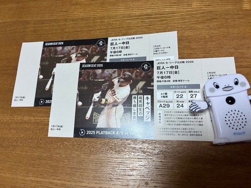 【最終価格】7月17日　東京ドーム 巨人vs中日　スターシートA　ペア良席！