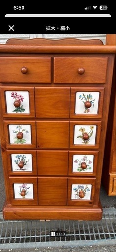 北欧レトロ 花柄タイル張り 木製チェスト 4段タンス カントリー 古家具