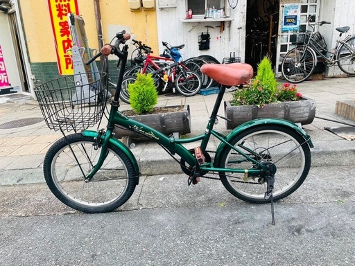 『ＳＡＬＥ　３０％』　折りたたみ自転車　２０インチ　6変速　カゴ　付き　緑　配達可能