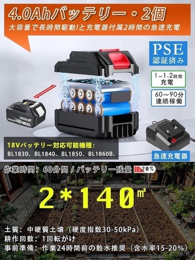 耕運機 家庭用 充電式耕うん機 PSE認証18V マキタ電池互換 -【ハッピー