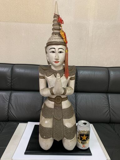 ☆タイ「サワディー人形高さ約70Cm」木彫りお出迎え縁起物来福