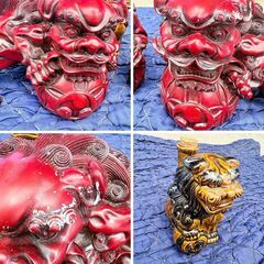 【❗️✨縁起物・魔除けに✨❗️】沖縄シーサー4点セット✨玉獅子2体✨陶器ボトル✨置物❗️の画像
