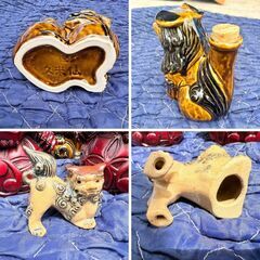 【❗️✨縁起物・魔除けに✨❗️】沖縄シーサー4点セット✨玉獅子2体✨陶器ボトル✨置物❗️の画像