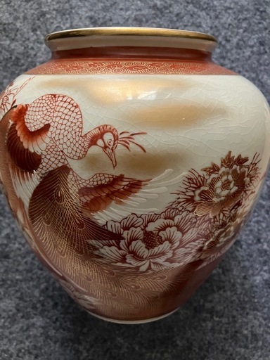 ☆陶器 陶磁器 九谷焼 龍山造 金彩赤絵花鳥図 花器 花生 花瓶 飾壺