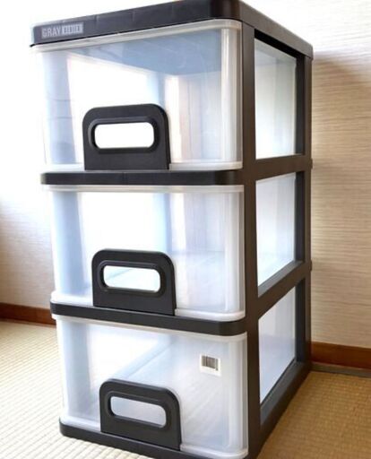 美品 3段 衣装ケース ブラック×半透明 収納チェスト (タケゾー) 三島の